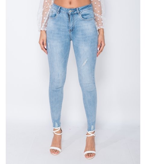 Frayed Hem Mid Waist Skinny Jeans - Dames - Blauw - Style Italy