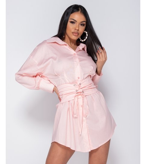 PARISIAN Long Sleeve Shirt Dress With  Belt - Dames - Roze