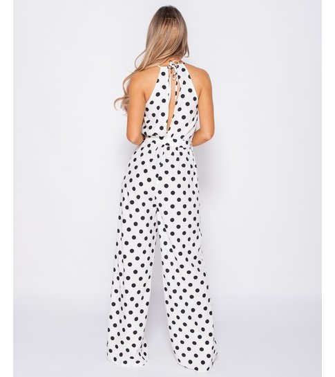 PARISIAN Polka Dot Tie Waist Gathered Neck Jumpsuit - Dames - Wit