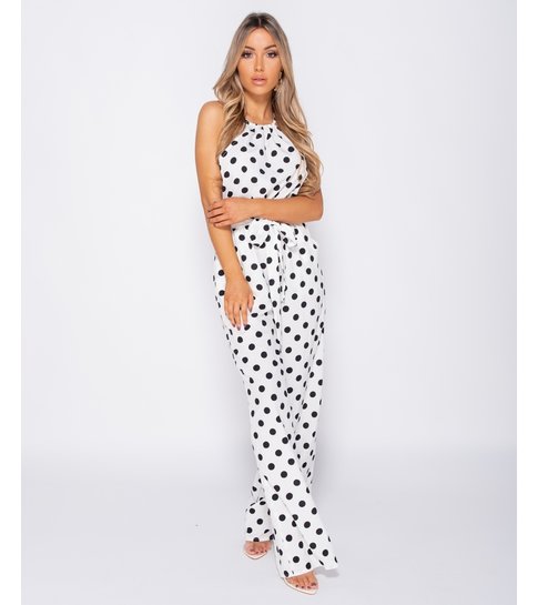 PARISIAN Polka Dot Tie Waist Gathered Neck Jumpsuit - Dames - Wit