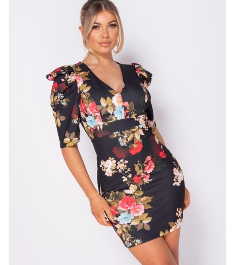 PARISIAN Floral Print Puffed - Bodycon Mini Dress - Dames - Zwart