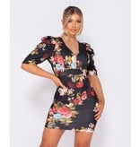 PARISIAN Floral Print Puffed - Bodycon Mini Dress - Dames - Zwart