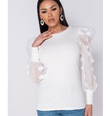 PARISIAN Sheer Dobby Puffed Sleeve Rib Knit Top - Dames - Wit