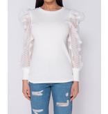 PARISIAN Sheer Dobby Puffed Sleeve Rib Knit Top - Dames - Wit