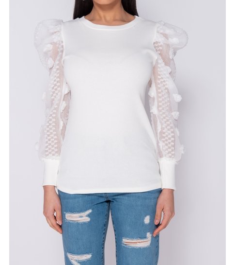 PARISIAN Sheer Dobby Puffed Sleeve Rib Knit Top - Dames - Wit