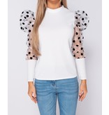 PARISIAN Organza Polka Dot Puffed - High Neck Top - Dames -Wit