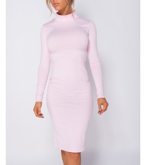 PARISIAN Rib Knit Polo Neck - Midi Dress - Dames - Roze