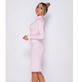 PARISIAN Rib Knit Polo Neck - Midi Dress - Dames - Roze