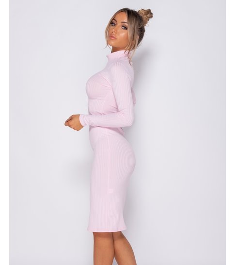 PARISIAN Rib Knit Polo Neck - Midi Dress - Dames - Roze