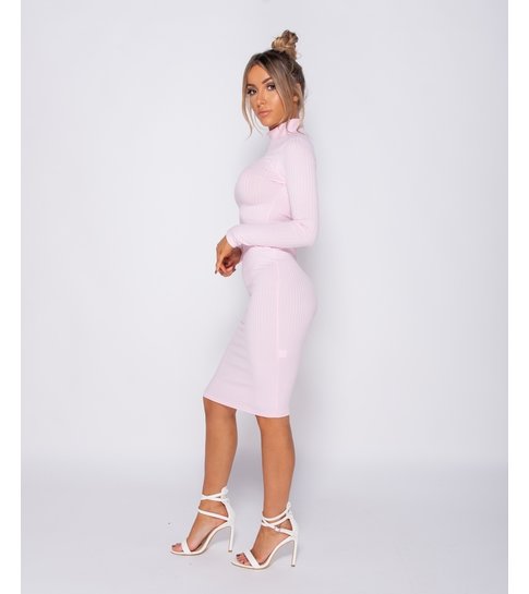 PARISIAN Rib Knit Polo Neck - Midi Dress - Dames - Roze