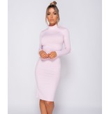 PARISIAN Rib Knit Polo Neck - Midi Dress - Dames - Roze