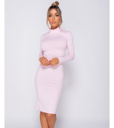 PARISIAN Rib Knit Polo Neck - Midi Dress - Dames - Roze