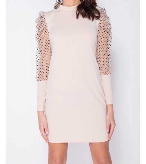 PARISIAN Polka Dot Sheer Puffed - Bodycon Mini Dress - Dames - Beige