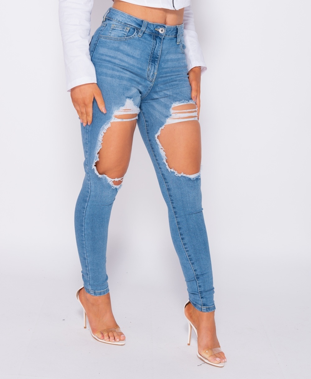 regeling Lui Reageer Extreme Distressed High Waist Skinny Jeans - Dames - Blauw - Style Italy