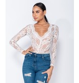 PARISIAN Lace Scalloped Edge Sheer Long Sleeve Bodysuit - Dames - Wit