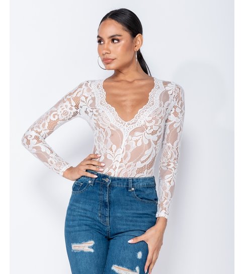 PARISIAN Lace Scalloped Edge Sheer Long Sleeve Bodysuit - Dames - Wit