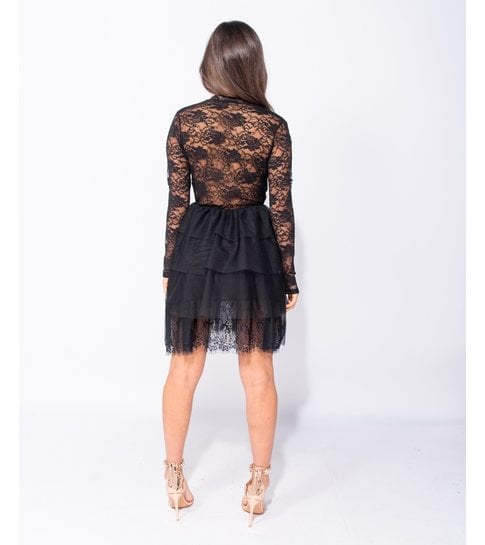 PARISIAN Lace Panel Multi Tier Mesh Mini Dress - Dames - Zwart