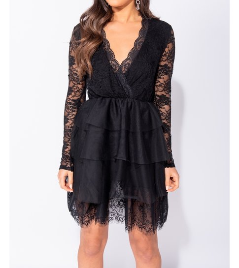 PARISIAN Lace Panel Multi Tier Mesh Mini Dress - Dames - Zwart