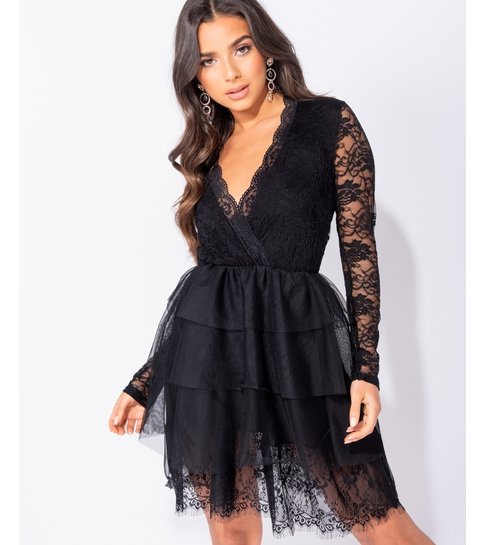 PARISIAN Lace Panel Multi Tier Mesh Mini Dress - Dames - Zwart