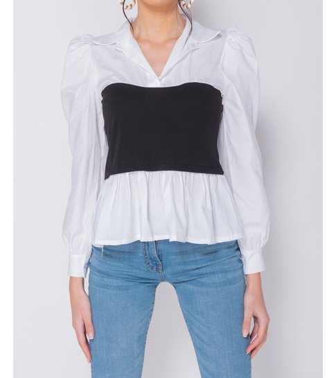 PARISIAN Corset Detail Puffed  Blouse - Dames - Zwart /Wit