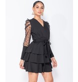 PARISIAN Polka Dot Mesh Sleeve Wrap - Tiered Detail Mini Dress - Dames - Zwart