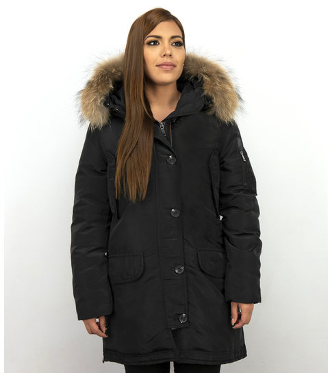 Gentile Bellini Lange Parka Winterjas Dames – Met Bontkraag – Zwart