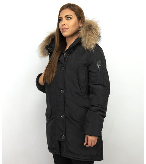 Gentile Bellini Lange Parka Winterjas Dames – Met Bontkraag – Zwart