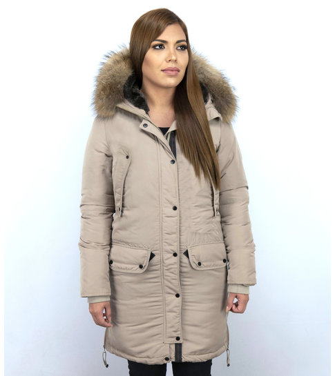 Gentile Bellini Lange Parka Jas Dames – Met Bontkraag – Beige