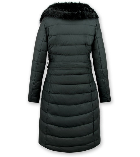 Gentile Bellini Lange Dames Winterjas Parka – Met Zwarte Faux Bontkraag – Zwart