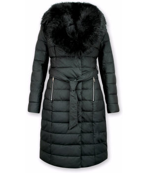 Gentile Bellini Lange Dames Winterjas Parka – Met Zwarte Faux Bontkraag – Zwart