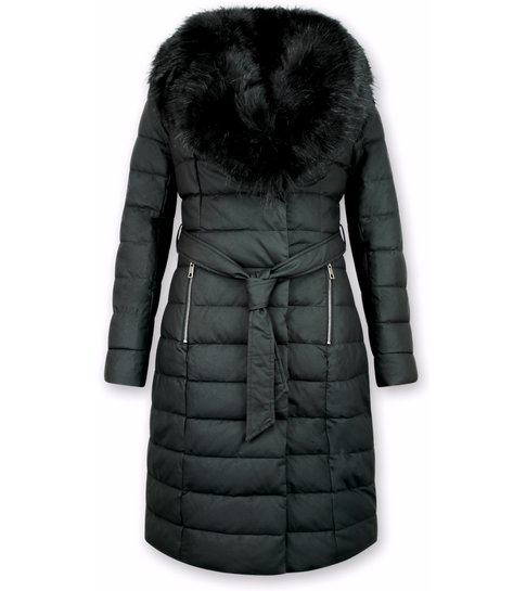 Gentile Bellini Lange Dames Winterjas Parka – Met Zwarte Faux Bontkraag – Zwart