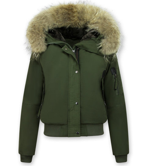 Gentile Bellini Korte Warme Winterjas Dames  – Met Bontkraag – Groen