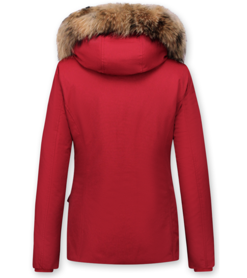 MATOGLA Bontjassen - Dames Winterjas Wooly Kort - Grote Bontkraag - Rood