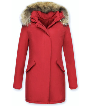 MATOGLA Bontjassen - Dames Winterjas Wooly Lang - Bontkraag - Parka - Rood