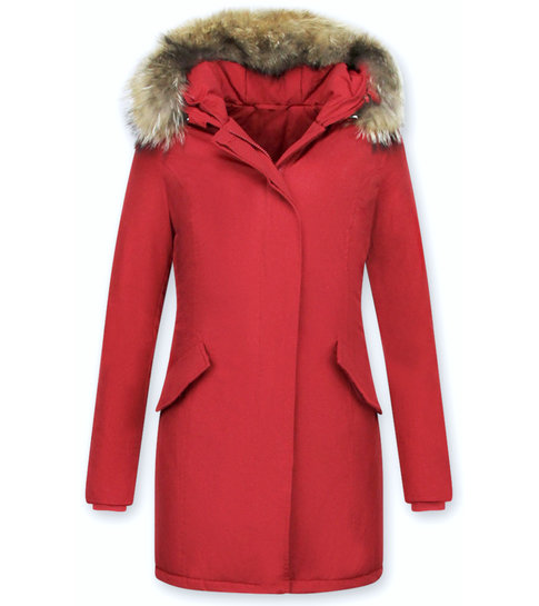 MATOGLA Bontjassen - Dames Winterjas Wooly Lang - Bontkraag - Parka - Rood