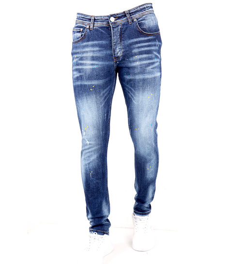 TRUE RISE Slim Fit Denim Heren met Paint Splatter -DC-008- Blauw