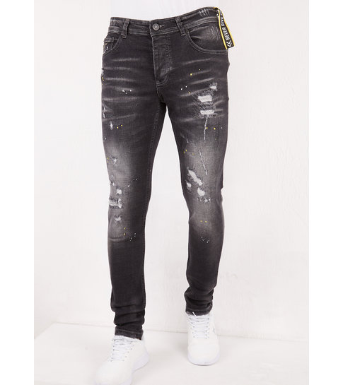 TRUE RISE Ripped met Paint Splatter Heren Slim Jeans -DC-010- Zwart