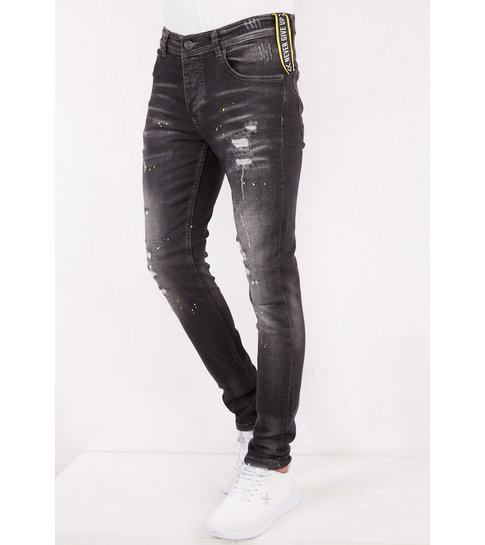 TRUE RISE Ripped met Paint Splatter Heren Slim Jeans -DC-010- Zwart