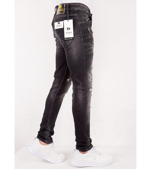 TRUE RISE Ripped met Paint Splatter Heren Slim Jeans -DC-010- Zwart