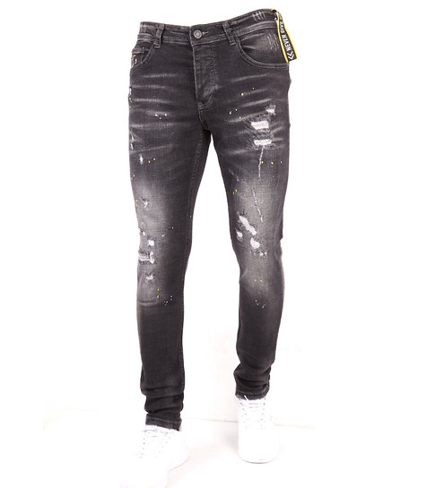 TRUE RISE Ripped met Paint Splatter Heren Slim Jeans -DC-010- Zwart