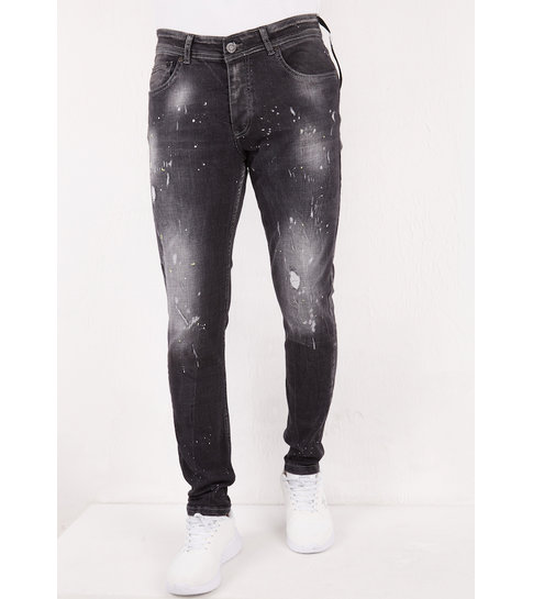 TRUE RISE Black Ripped Paint Splatter Slim Fit Jeans -DC-014- Zwart