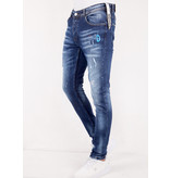 TRUE RISE Mannen Jeans Slim Fit met Paint Splatter -DC-011- Blauw