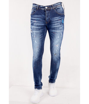 TRUE RISE Mannen Jeans Slim Fit met Paint Splatter -DC-011- Blauw