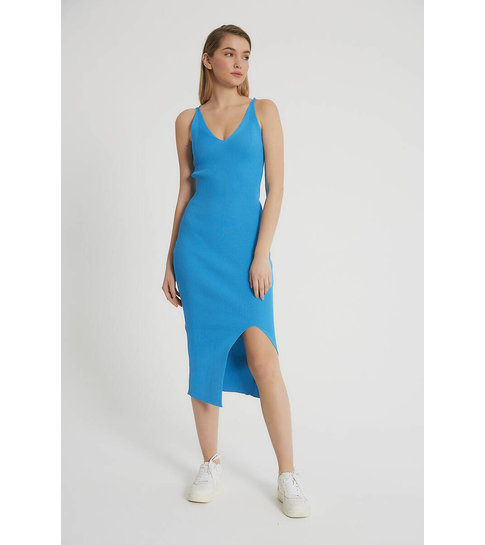 Robin-Collection Dames Elastische Ribstof Jurk - T93513 - Blauw