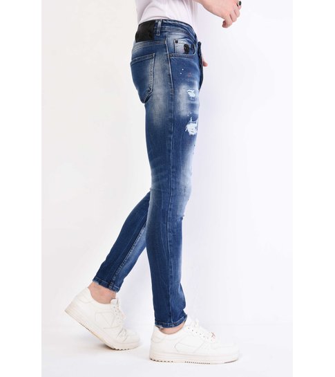 Local Fanatic Heren Slim Fit Jeans met Verfspatten Stretch - 1057 - Blauw