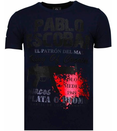 Local Fanatic Pablo Escobar Narcos - Rhinestone T-shirt - Zwart/Navy