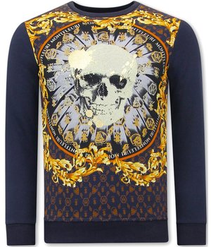 TONY BACKER Heren Sweater met Print - Skull Strass - 3796 - Blauw