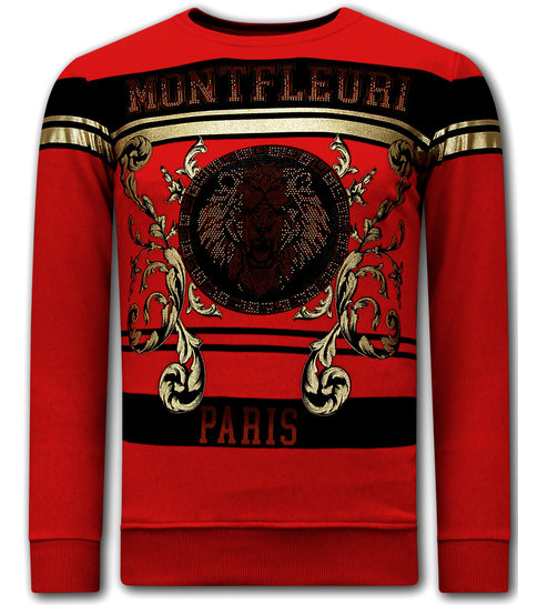 TONY BACKER Heren Sweater met Print - Leeuw Strass - 3767 - Rood