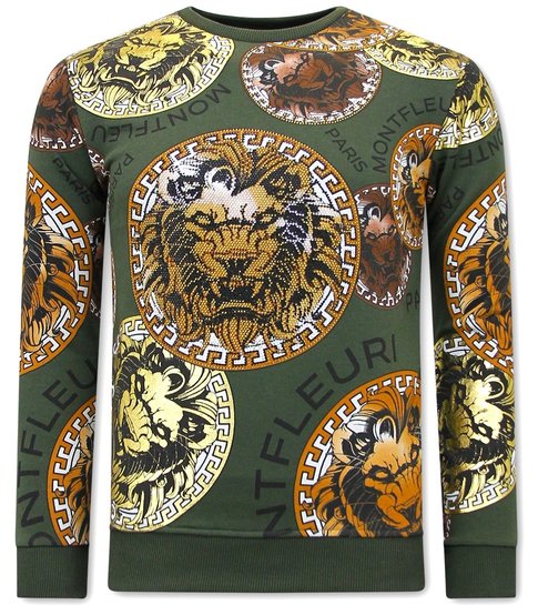 TONY BACKER Heren Sweater met Print - Leeuw Head  - 3727 - Groen