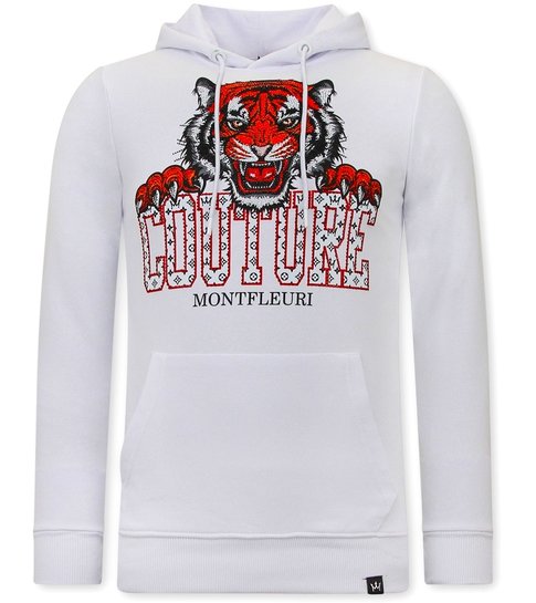 TONY BACKER Heren Hoodie met Print - Tiger Head - 3679 - Wit